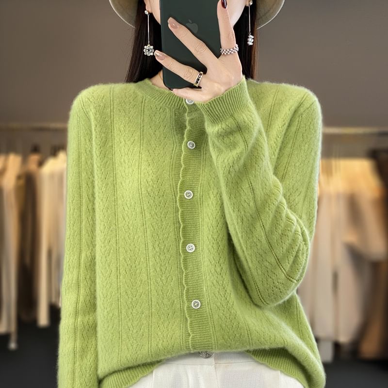Crew Neck Plain Pointelle Knit Cardigan