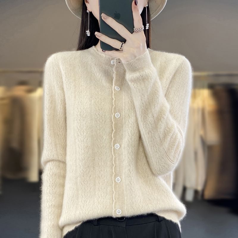 Crew Neck Plain Pointelle Knit Cardigan