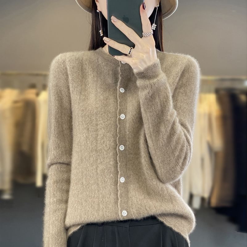 Crew Neck Plain Pointelle Knit Cardigan