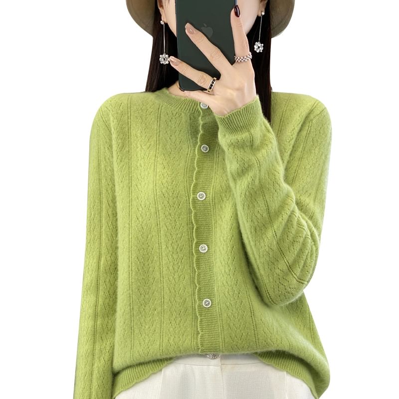 Crew Neck Plain Pointelle Knit Cardigan