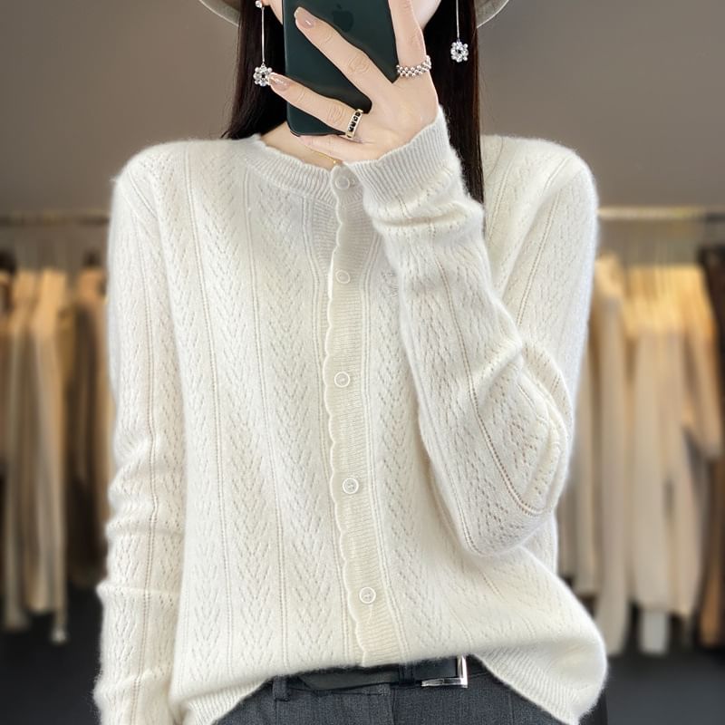 Crew Neck Plain Pointelle Knit Cardigan