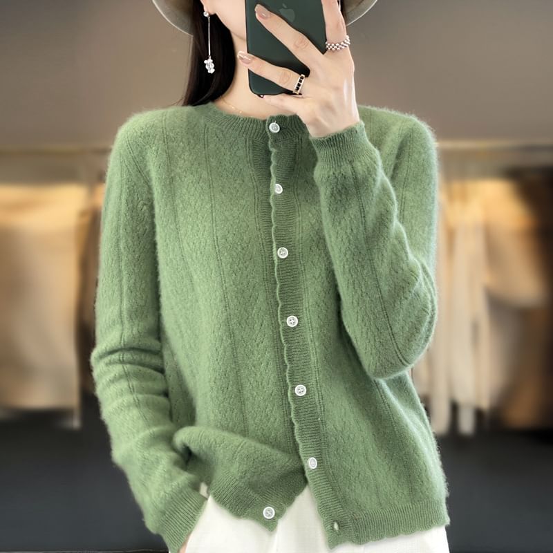Crew Neck Plain Pointelle Knit Cardigan