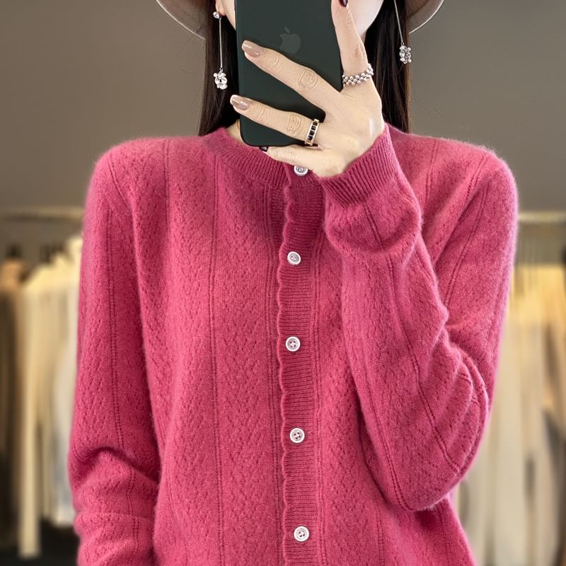 Crew Neck Plain Pointelle Knit Cardigan