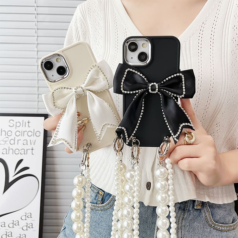 Case Lanyard Phone Bow Pearl Faux