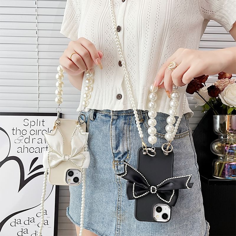 Case Lanyard Phone Bow Pearl Faux