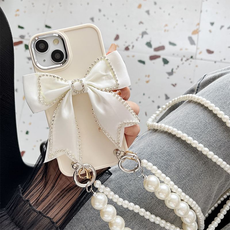 Case Lanyard Phone Bow Pearl Faux