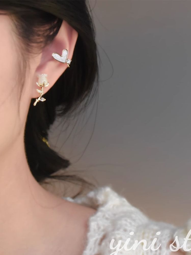 Asymmetrical Rhinestone Alloy Rose Heart Stud Earring