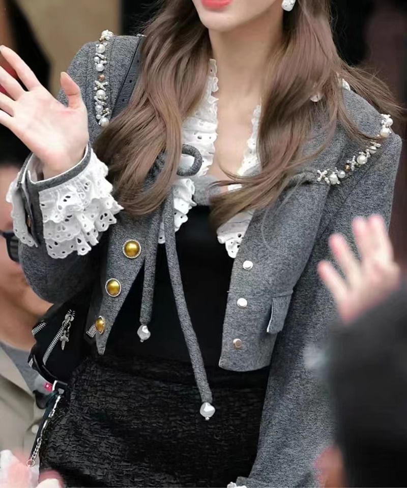 Eyelet Lace Cuff Button-Up Jacket