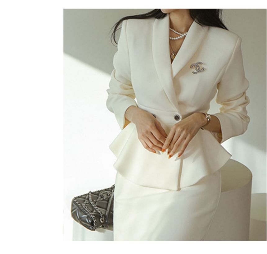 Set: Plain Double-Breasted Blazer + High Waist Mini Pencil Skirt