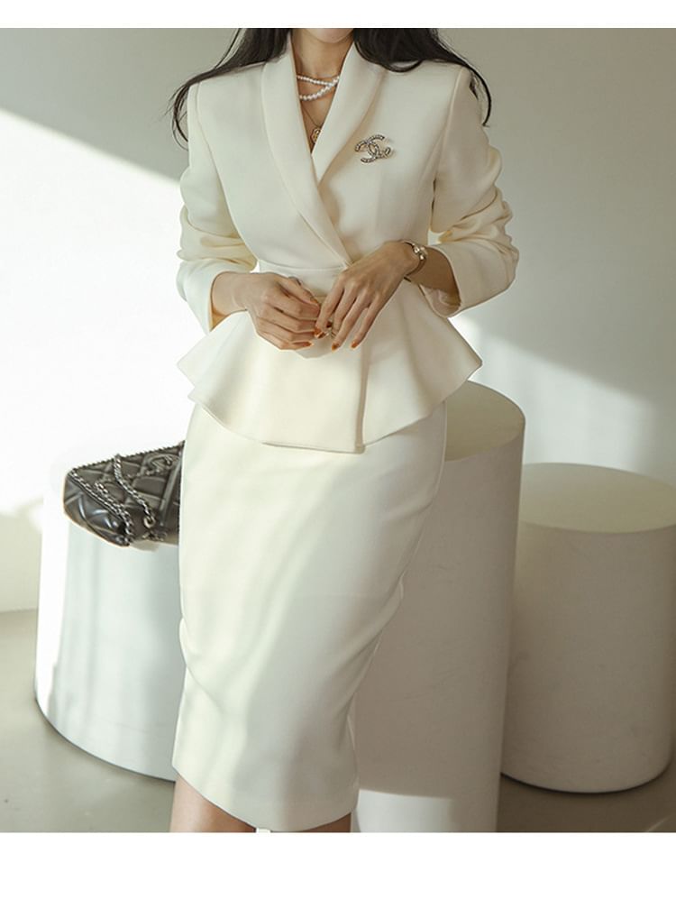 Set: Plain Double-Breasted Blazer + High Waist Mini Pencil Skirt