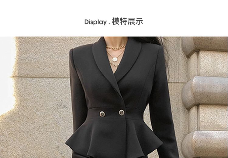 Set: Plain Double-Breasted Blazer + High Waist Mini Pencil Skirt