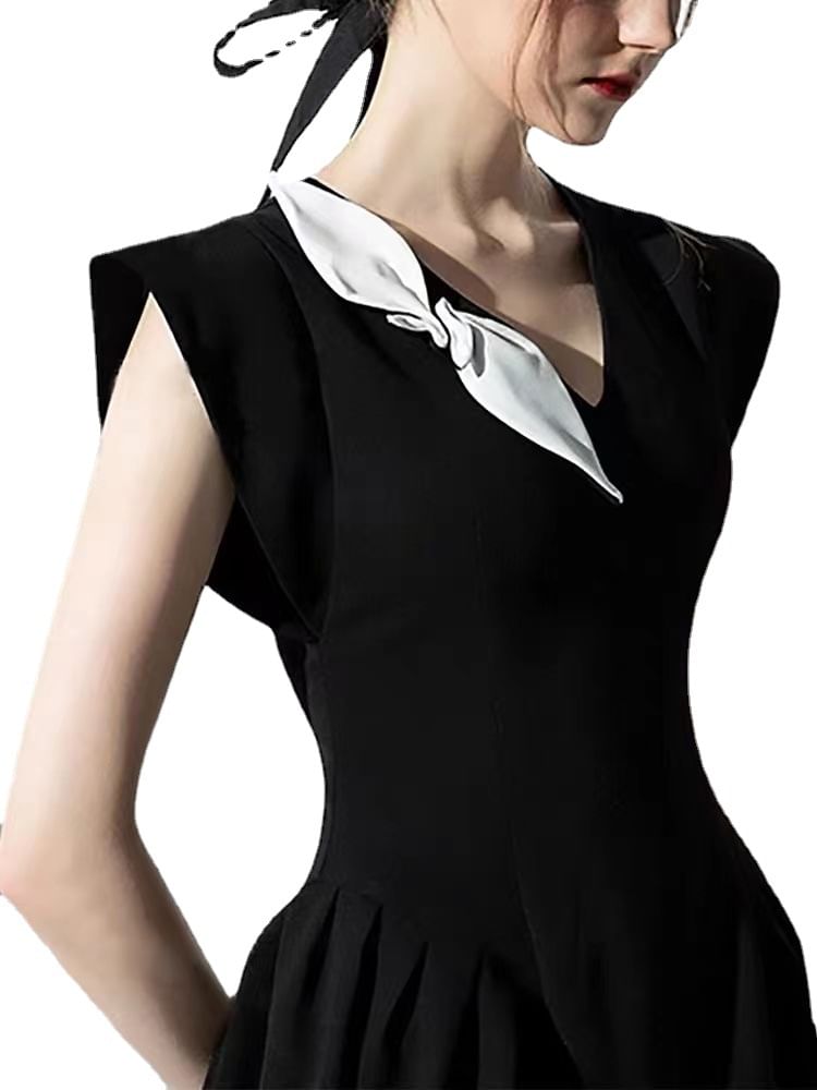 Sleeveless V-Neck Floral Plain Mini A-Line Dress