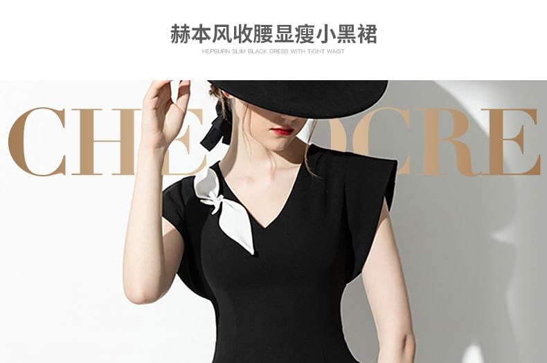 Sleeveless V-Neck Floral Plain Mini A-Line Dress