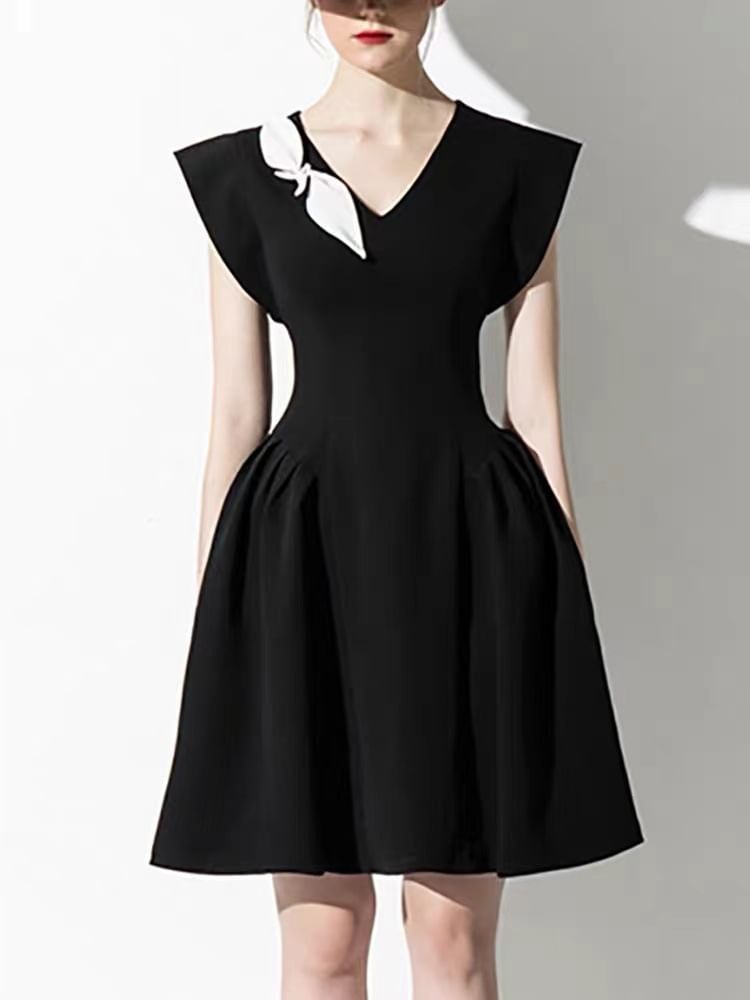 Sleeveless V-Neck Floral Plain Mini A-Line Dress