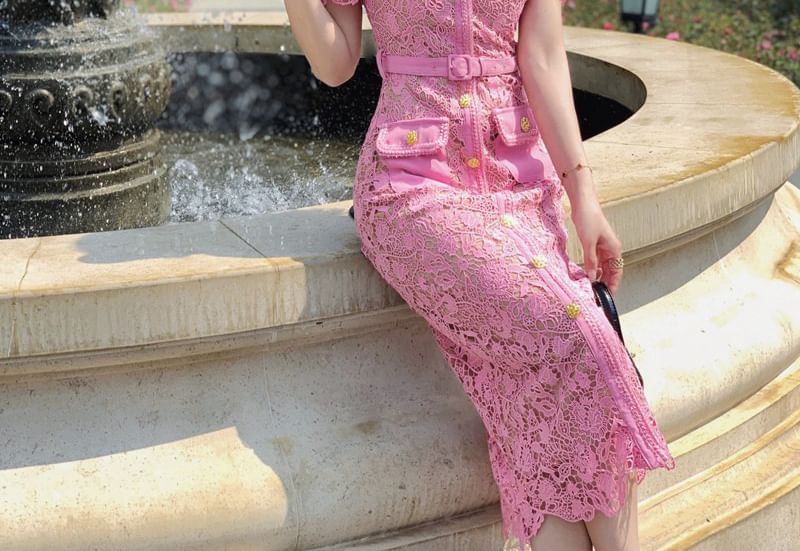 Short-Sleeve Square-Neck Midi Lace Bodycon Dress