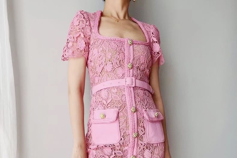 Short-Sleeve Square-Neck Midi Lace Bodycon Dress