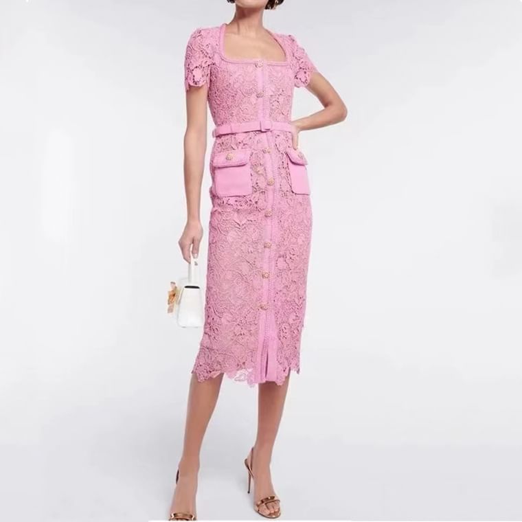 Short-Sleeve Square-Neck Midi Lace Bodycon Dress