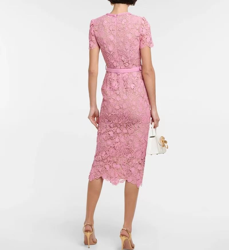 Short-Sleeve Square-Neck Midi Lace Bodycon Dress