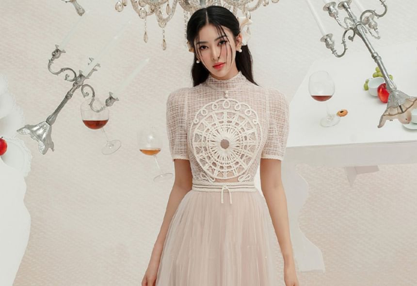 Short-Sleeve High Neck Crochet Lace Panel Midi A-Line Mesh Dress