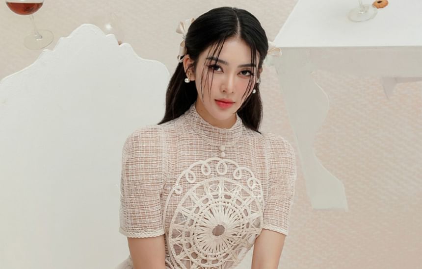 Short-Sleeve High Neck Crochet Lace Panel Midi A-Line Mesh Dress