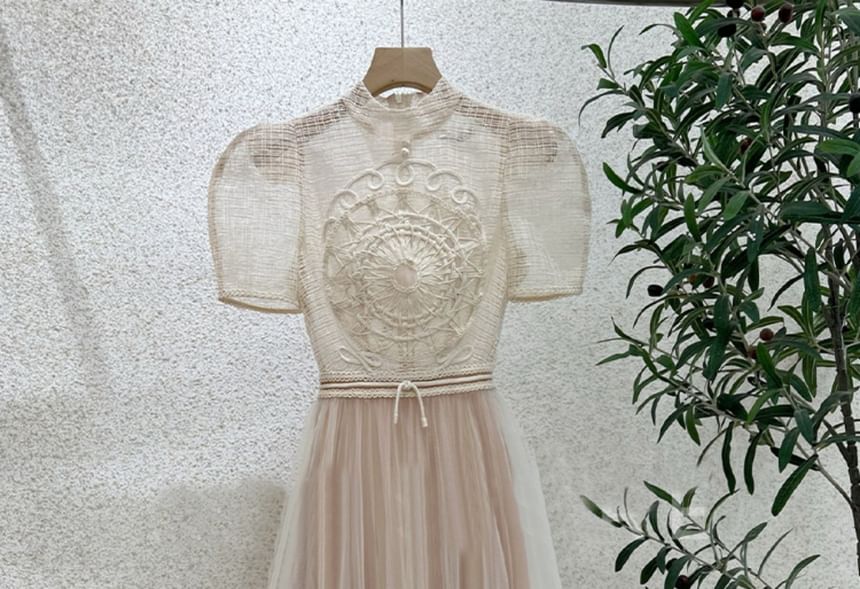 Short-Sleeve High Neck Crochet Lace Panel Midi A-Line Mesh Dress