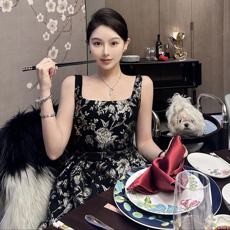 Wide Strap Floral Print Midi A-Line Dress