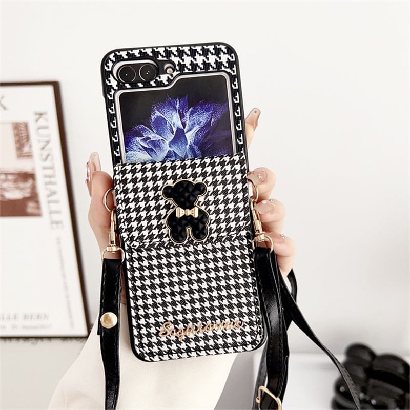 Houndstooth Case Pearl Phone Lanyard Faux Cat