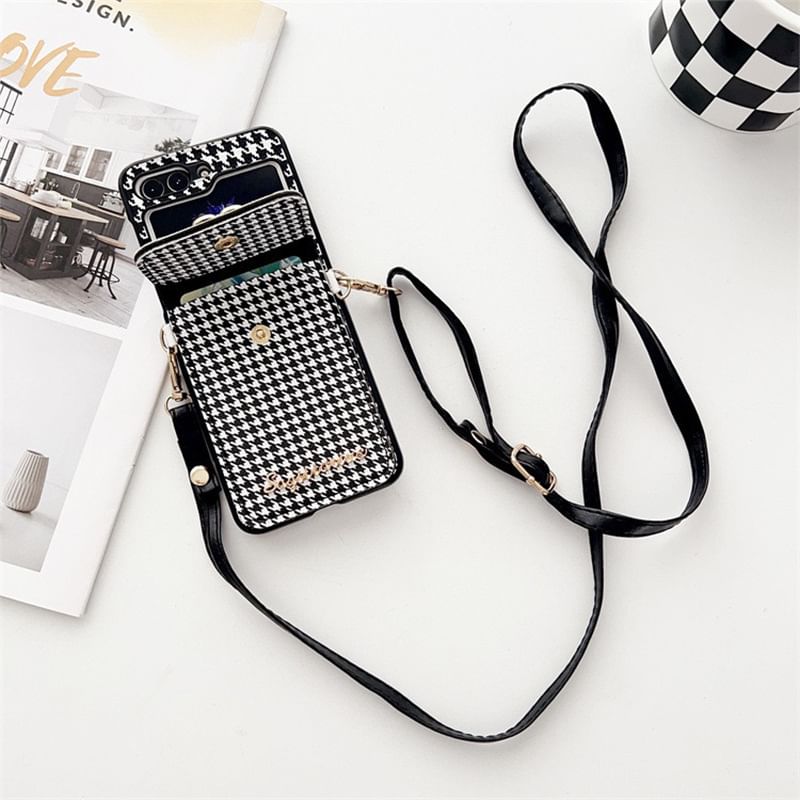 Houndstooth Case Pearl Phone Lanyard Faux Cat