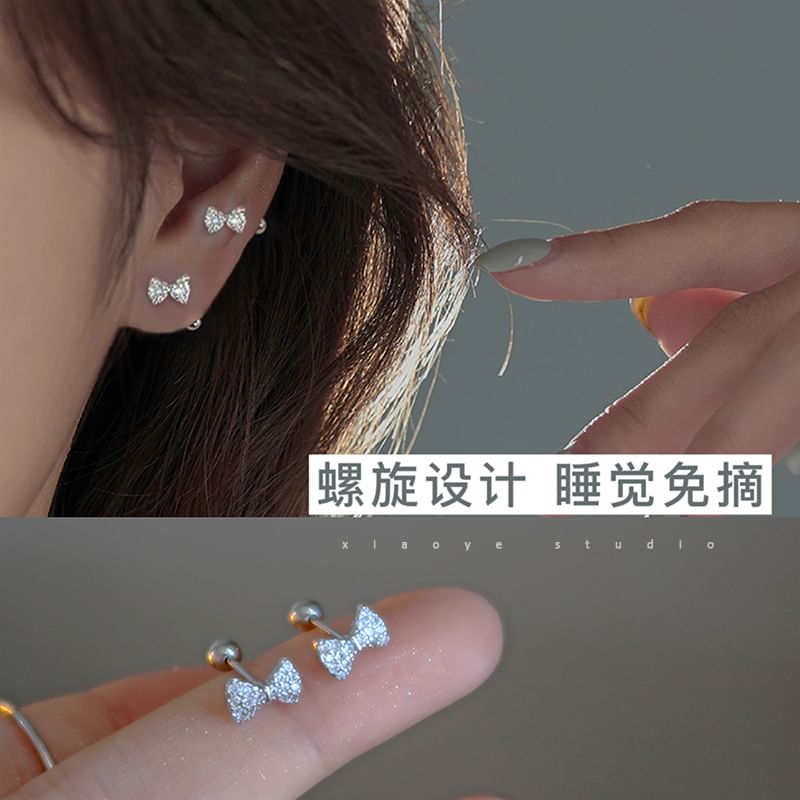 Sterling Barbell Bow Earring Silver Rhinestone