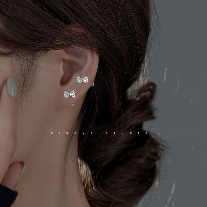 Sterling Barbell Bow Earring Silver Rhinestone