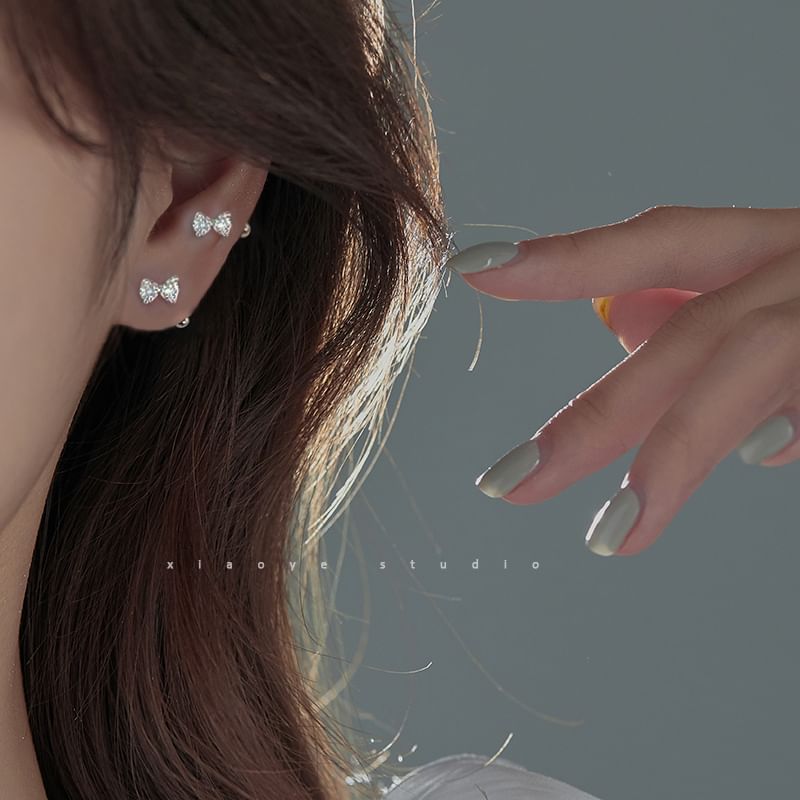 Sterling Barbell Bow Earring Silver Rhinestone