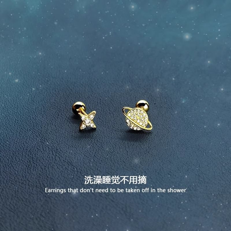 Rhinestone Earring Silver Star Sterling Barbell Asymmetrical