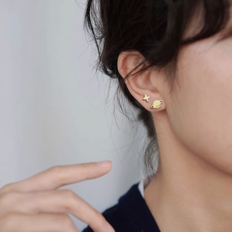 Rhinestone Earring Silver Star Sterling Barbell Asymmetrical