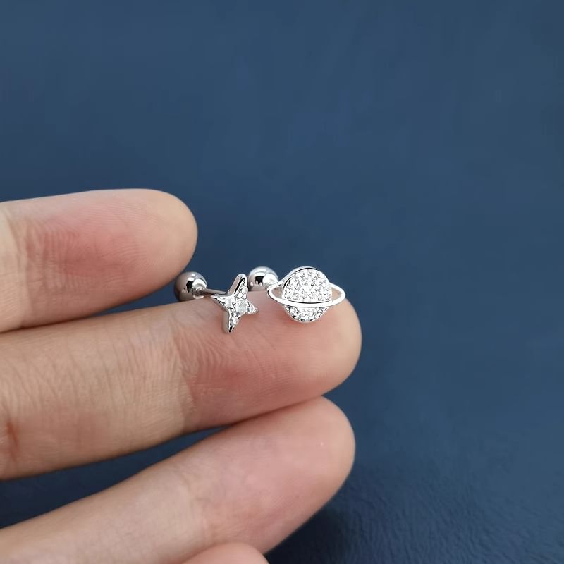 Rhinestone Earring Silver Star Sterling Barbell Asymmetrical