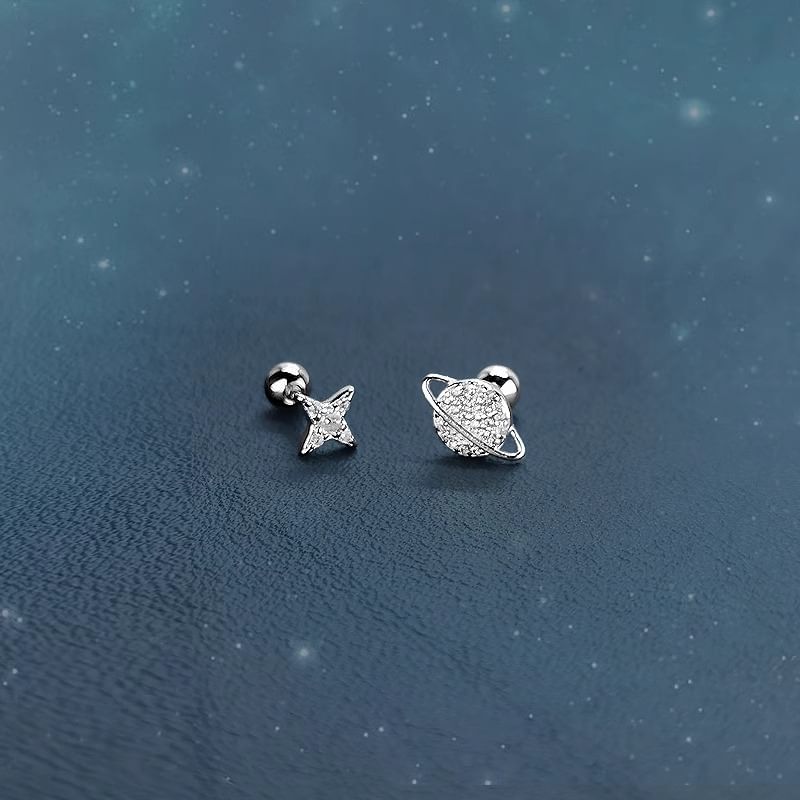 Rhinestone Earring Silver Star Sterling Barbell Asymmetrical