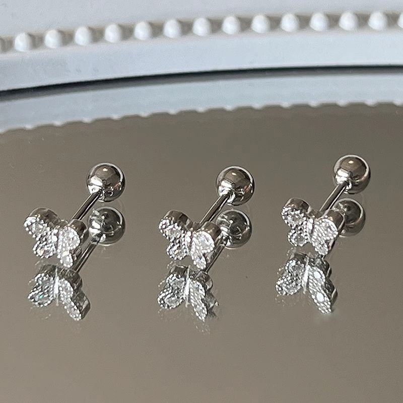 Barbell Butterfly Silver Earring Rhinestone Sterling