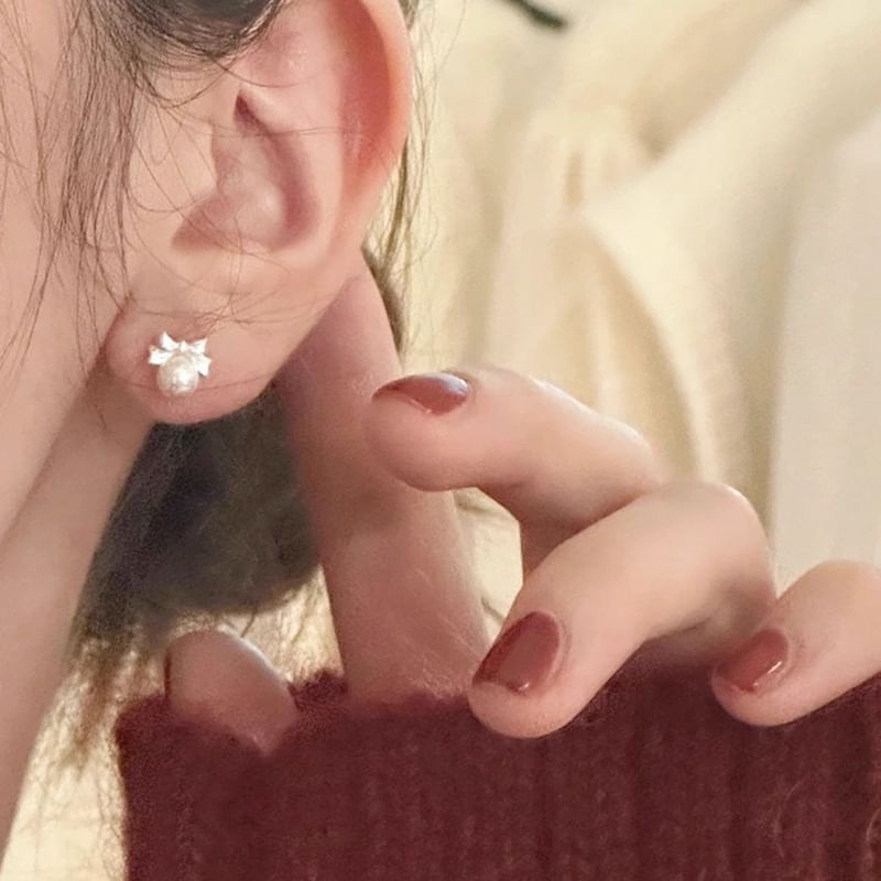 Faux Sterling Barbell Pearl Bow Silver Earring