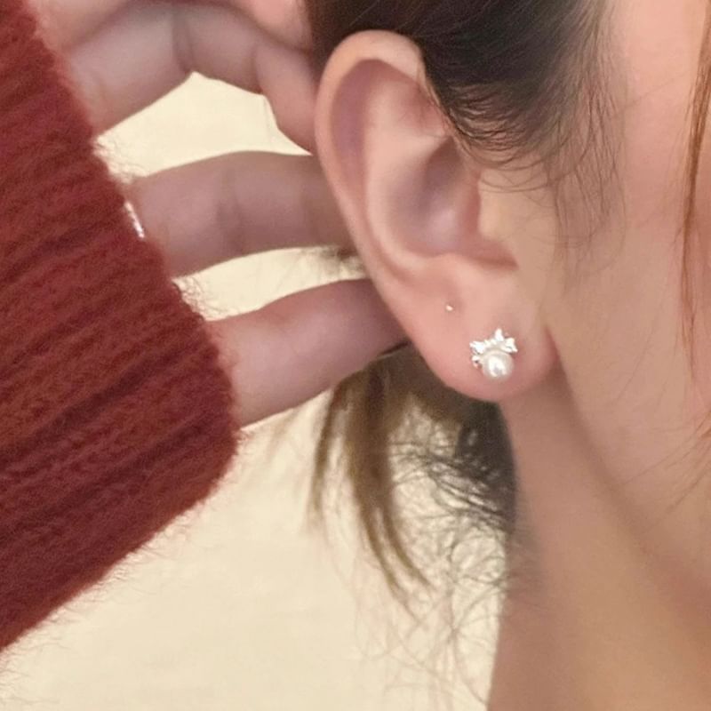 Faux Sterling Barbell Pearl Bow Silver Earring