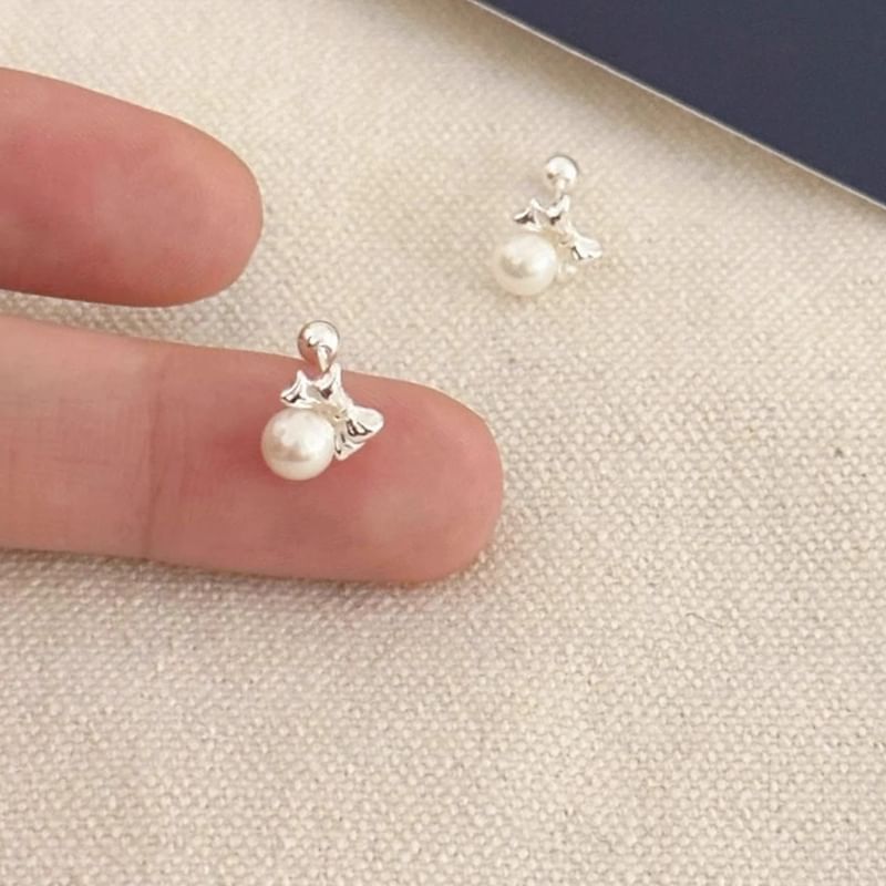 Faux Sterling Barbell Pearl Bow Silver Earring