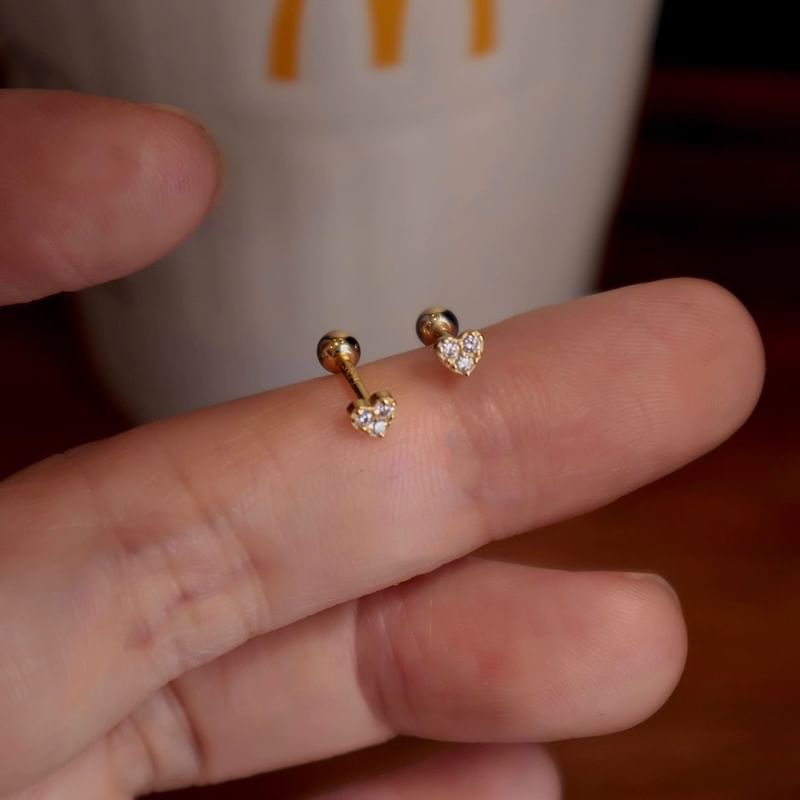 Silver Barbell Rhinestone Sterling Heart Earring