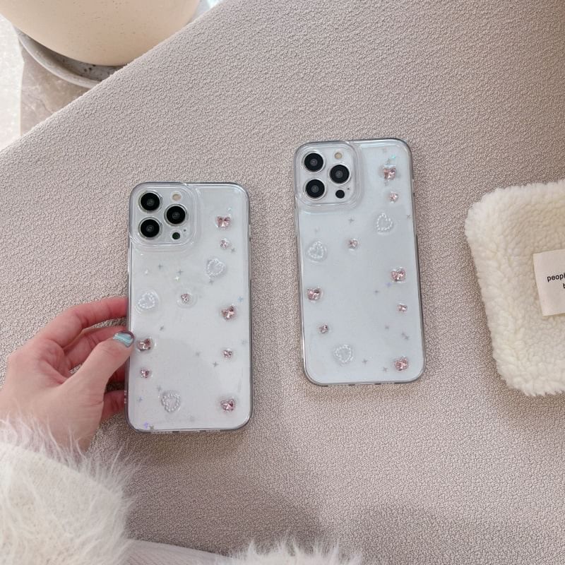 Heart Applique Transparent Phone Case For iPhone 16, 16 Plus, 16 Pro, 16 Pro Max, 15, 15 Pro, 15 Pro Max, 14, 14 Plus, 14 Pro, 14 Pro Max, 13, 13 Pro, 13 Pro Max