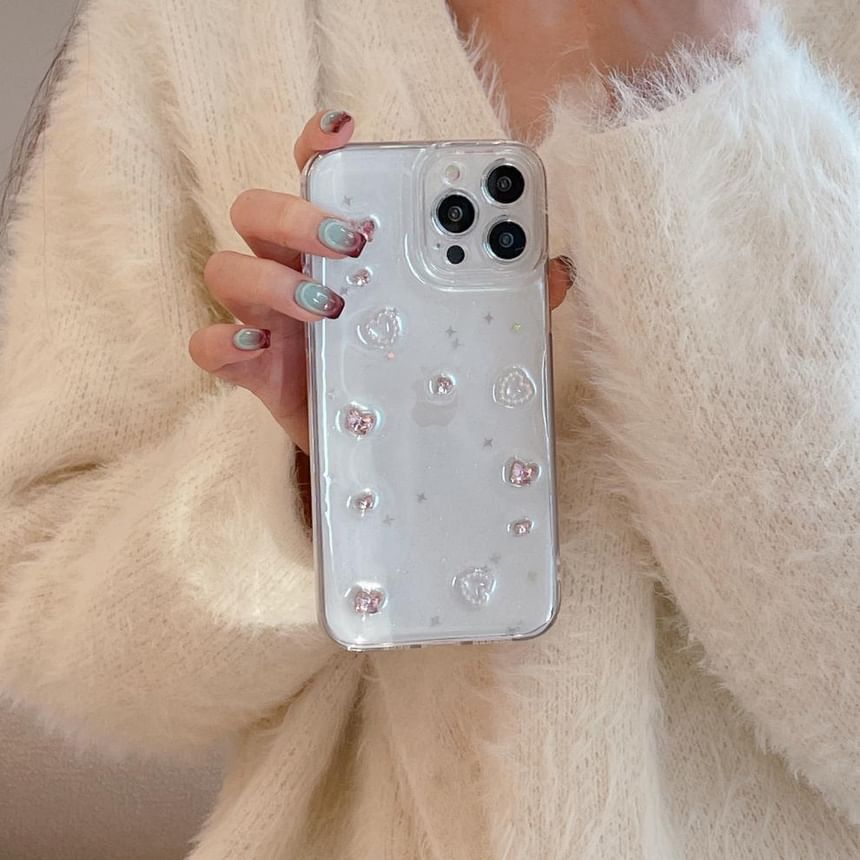 Heart Applique Transparent Phone Case For iPhone 16, 16 Plus, 16 Pro, 16 Pro Max, 15, 15 Pro, 15 Pro Max, 14, 14 Plus, 14 Pro, 14 Pro Max, 13, 13 Pro, 13 Pro Max
