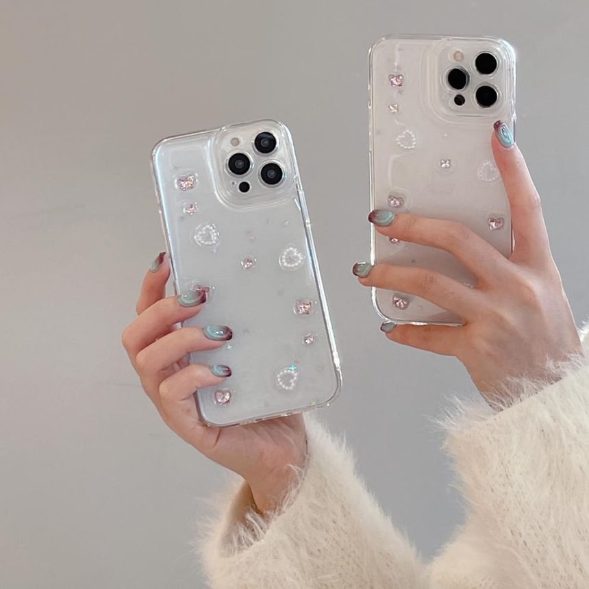 Heart Applique Transparent Phone Case For iPhone 16, 16 Plus, 16 Pro, 16 Pro Max, 15, 15 Pro, 15 Pro Max, 14, 14 Plus, 14 Pro, 14 Pro Max, 13, 13 Pro, 13 Pro Max