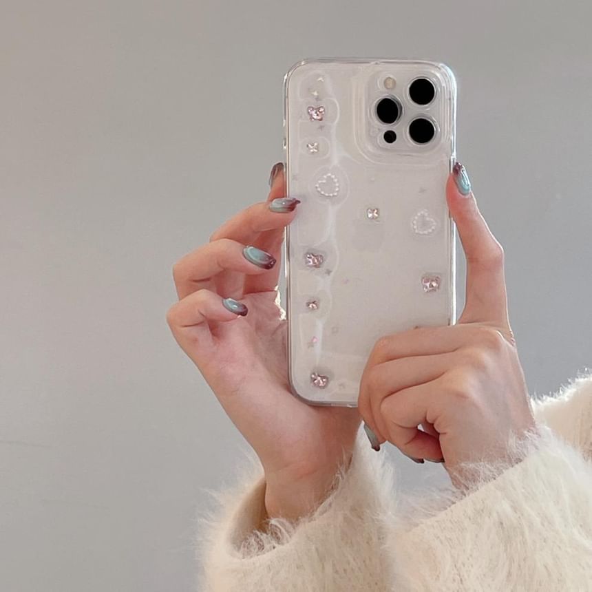 Heart Applique Transparent Phone Case For iPhone 16, 16 Plus, 16 Pro, 16 Pro Max, 15, 15 Pro, 15 Pro Max, 14, 14 Plus, 14 Pro, 14 Pro Max, 13, 13 Pro, 13 Pro Max