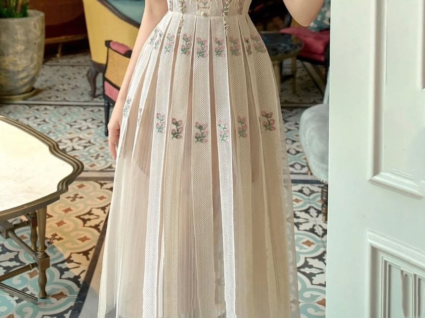 Sleeveless Floral Print Midi Pleated Skirt