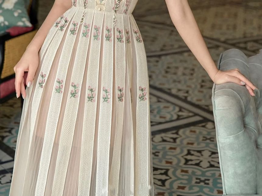 Sleeveless Floral Print Midi Pleated Skirt