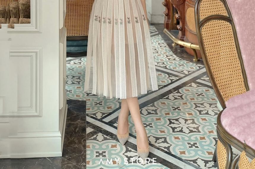 Sleeveless Floral Print Midi Pleated Skirt