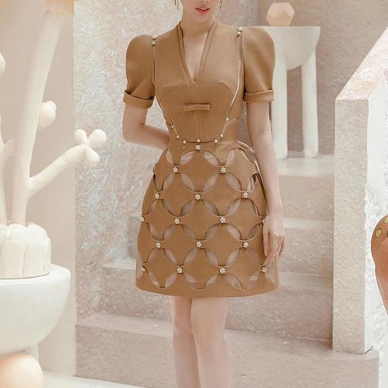 Puff-Sleeve V-Neck Plain Cutout Studded Mini A-Line Dress
