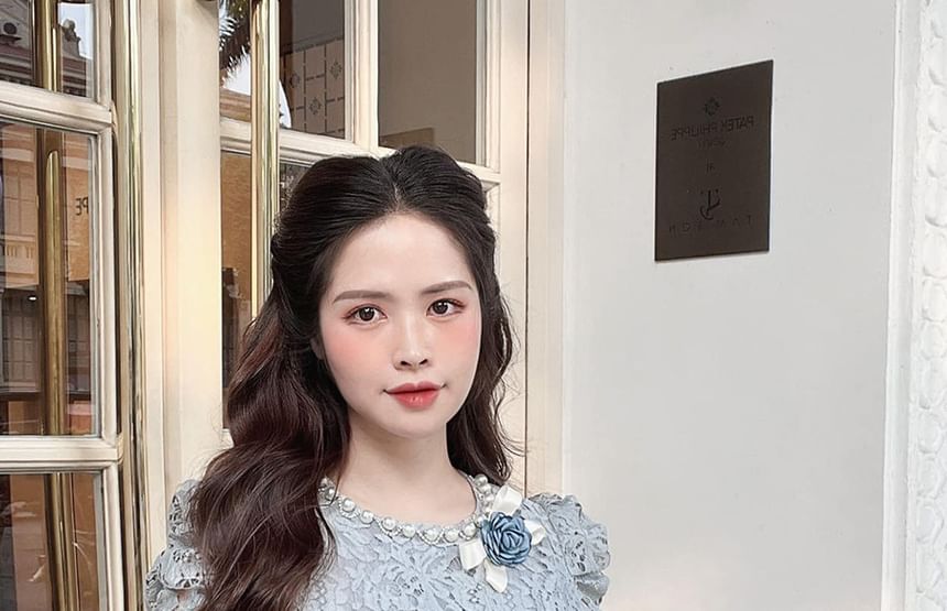 Set: Elbow-Sleeve Peplum Lace Top + High Waist Midi Pencil Skirt