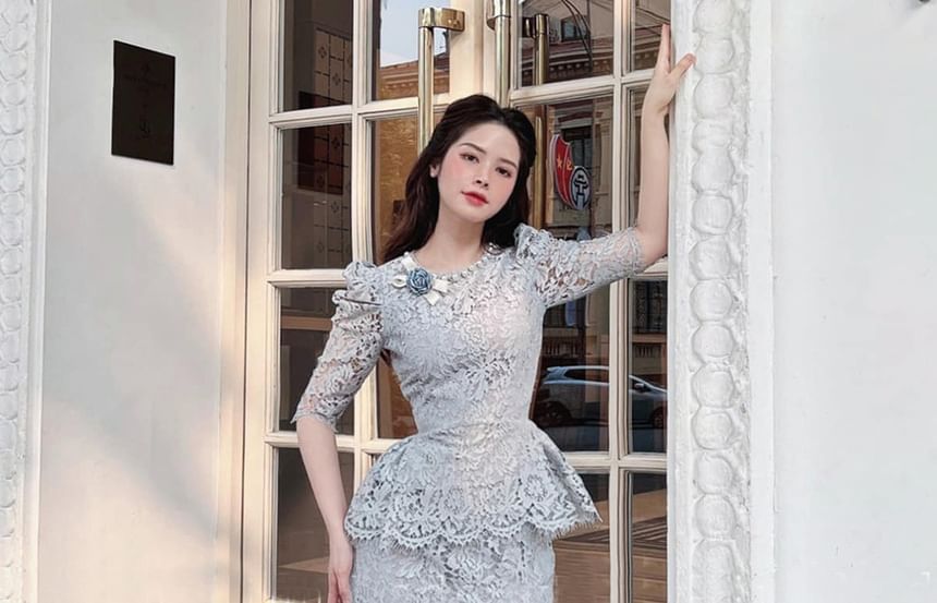 Set: Elbow-Sleeve Peplum Lace Top + High Waist Midi Pencil Skirt